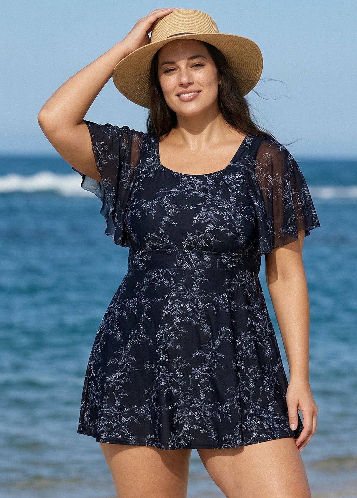 black plus size swim dress Women's Modest Long Two Piece Swimdress With Panty Short Sleeves Built-In Bra Square Neck Floral Swimsuit By LilyEase – Color:Black/Purple womens plus size swimwear 9.6.25 The Black Tux Suit