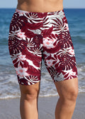 Plus Size Red Floral Print High Waist Knee Length Swim Shorts Beach Bottom
