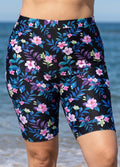 Black Floral Print High Waist Knee Length Slim Fit Plus Size Swimsuit Bottom