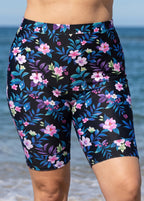 Black Floral Print High Waist Knee Length Slim Fit Plus Size Swimsuit Bottom