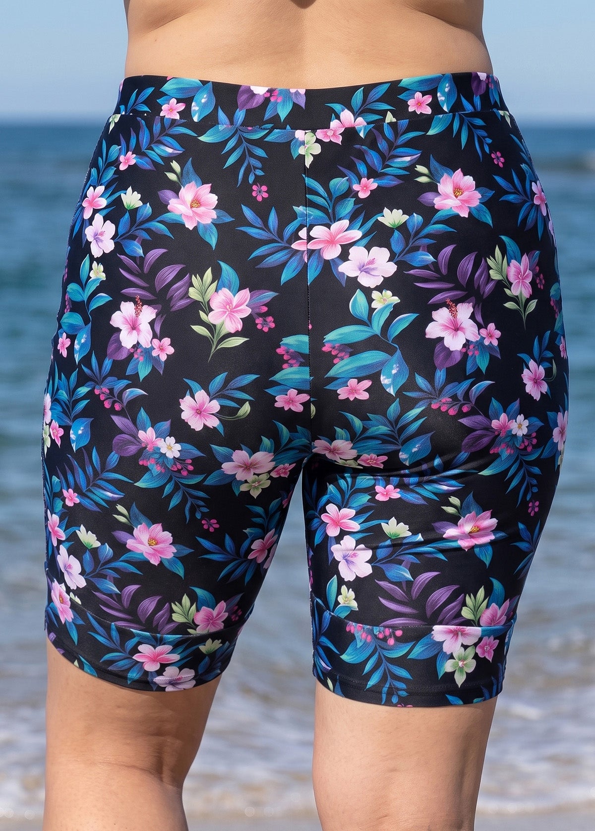 Black Floral Print High Waist Knee Length Slim Fit Plus Size Swimsuit Bottom