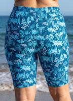 Curvy Blue Leaf Tropical Print High Waist Knee Length Slim Fit Swimsuit Bottom