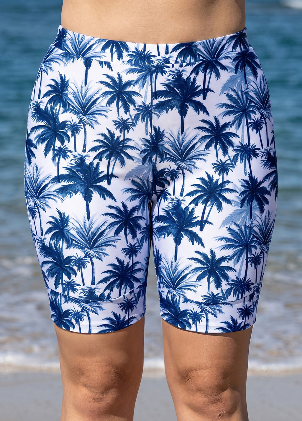 Plus Size Navy Palm Tree Print High Waist Knee Length Slim Fit Swimsuit Bottom