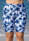 Plus Size Navy Palm Tree Print High Waist Knee Length Slim Fit Swimsuit Bottom