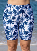 Plus Size Navy Palm Tree Print High Waist Knee Length Slim Fit Swimsuit Bottom