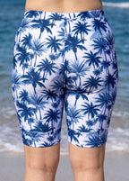 Plus Size Navy Palm Tree Print High Waist Knee Length Slim Fit Swimsuit Bottom