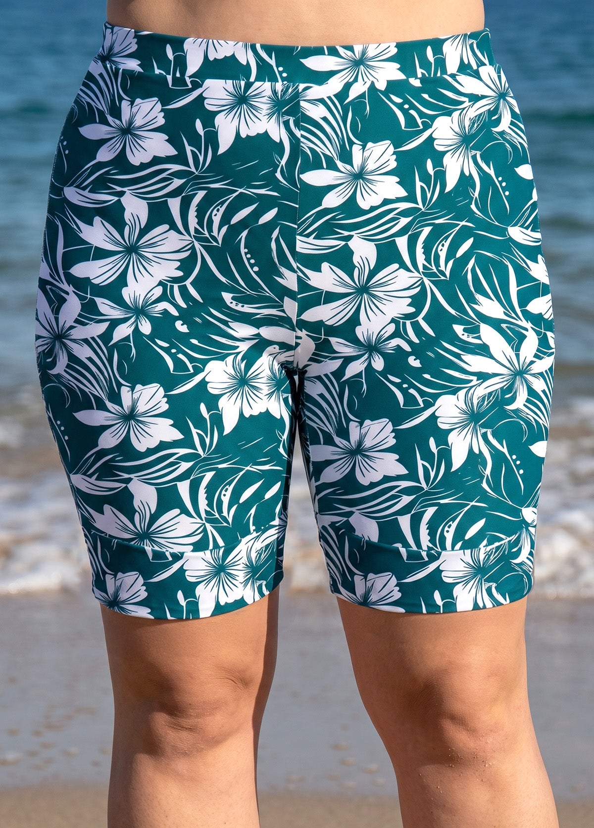 Green Floral High Waist Knee Length Slim Fit Plus Size Swimsuit Bottom