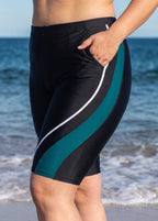 Black And Green Colorblock High Waist Knee Length Flattering Pocket Plus Size Swim Bottom