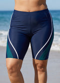 Curvy Navy And Teal Colorblock High Waist Knee Length Flattering Pocket Swim Bottom