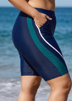 Curvy Navy And Teal Colorblock High Waist Knee Length Flattering Pocket Swim Bottom