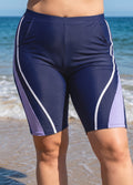 Plus Size Navy And Purple Colorblock High Waist Knee Length Flattering Pocket Swim Bottom