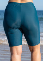 Curvy Teal And Black Colorblock High Waist Knee Length Flattering Pocket Swim Bottom