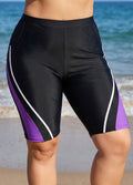 Plus Size Black And Purple Colorblock High Waist Knee Length Flattering Pocket Swim Bottom