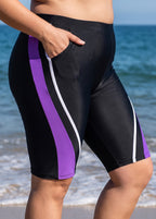 Plus Size Black And Purple Colorblock High Waist Knee Length Flattering Pocket Swim Bottom
