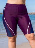 Purple And Navy Colorblock High Waist Knee Length Flattering Pocket Curvy Swim Bottom
