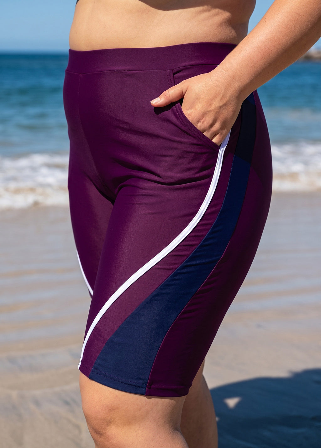 Purple And Navy Colorblock High Waist Knee Length Flattering Pocket Curvy Swim Bottom
