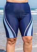 Navy And Skyblue Colorblock High Waist Knee Length Flattering Pocket Plus Size Swim Bottom