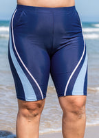 Navy And Skyblue Colorblock High Waist Knee Length Flattering Pocket Plus Size Swim Bottom