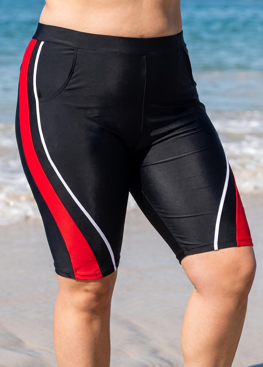 Curvy Black And Red Colorblock High Waist Knee Length Flattering Pocket Swim Bottom