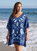 Plus Size Black White Ikat Geometric Print V Neck Short Sleeves Women Swim Cover Up Dress