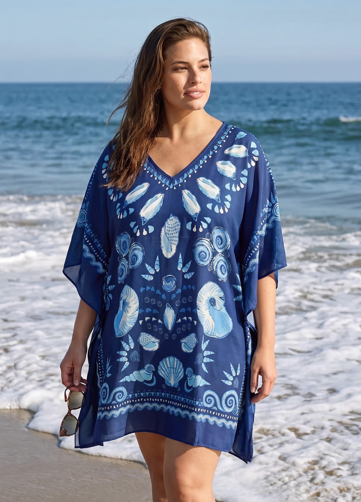 Plus Size Black White Ikat Geometric Print V Neck Short Sleeves Women Swim Cover Up Dress