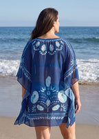 Plus Size Black White Ikat Geometric Print V Neck Short Sleeves Women Swim Cover Up Dress