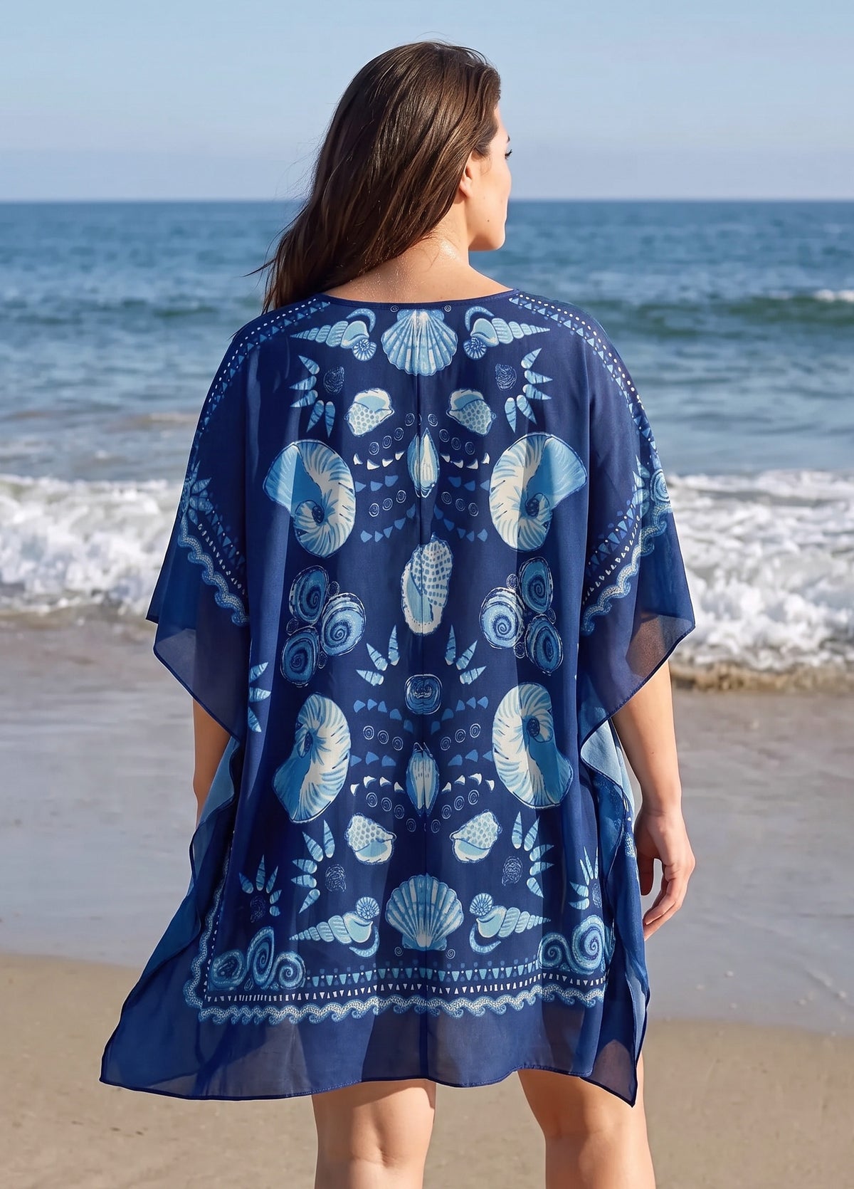 Plus Size Black White Ikat Geometric Print V Neck Short Sleeves Women Swim Cover Up Dress
