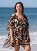 Plus Size Tropical Floral Leaf Print V Neck Batwing Sleeve Swim Cover Up Dress
