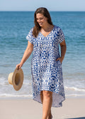 Plus Size V-Neck Pockets Blue And White High Low Geometric Cover Up