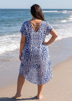 Plus Size V-Neck Pockets Blue And White High Low Geometric Cover Up