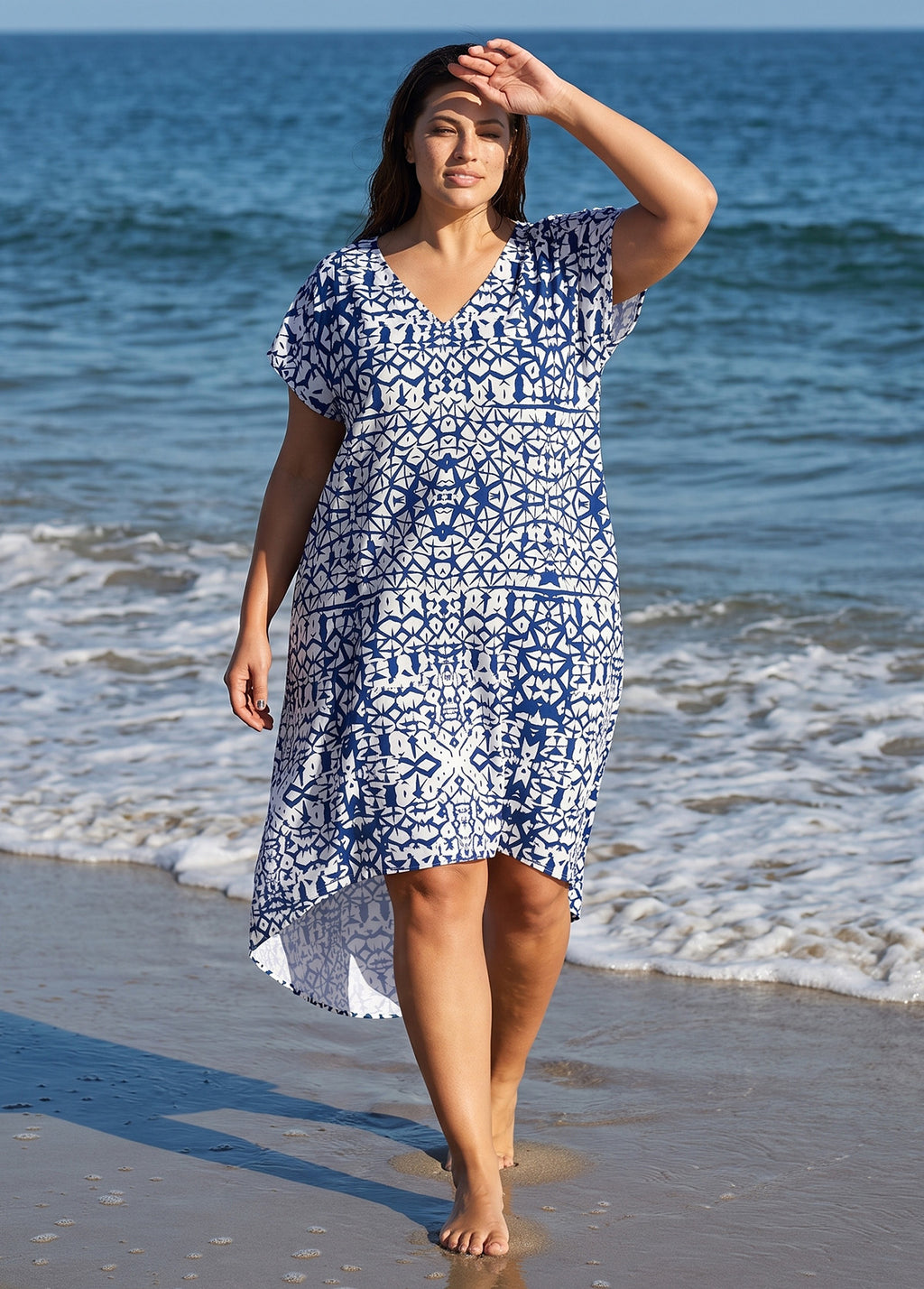 Plus Size V-Neck Pockets Blue And White High Low Geometric Cover Up