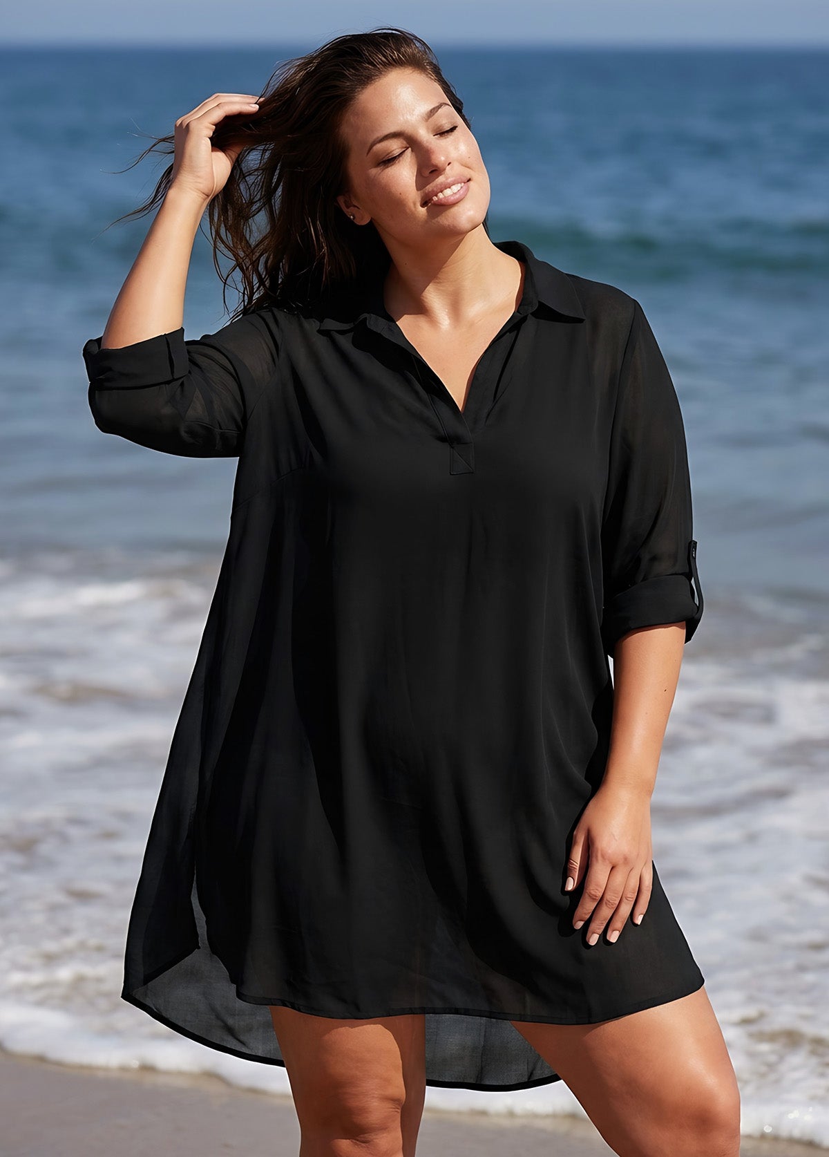 Plus Size Black V-neck Side Split Cover Up Shirt Beach Dress