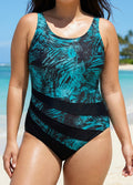 Plus Size Green Leaf Print Color Block Swimsuit One Piece Swimsuit