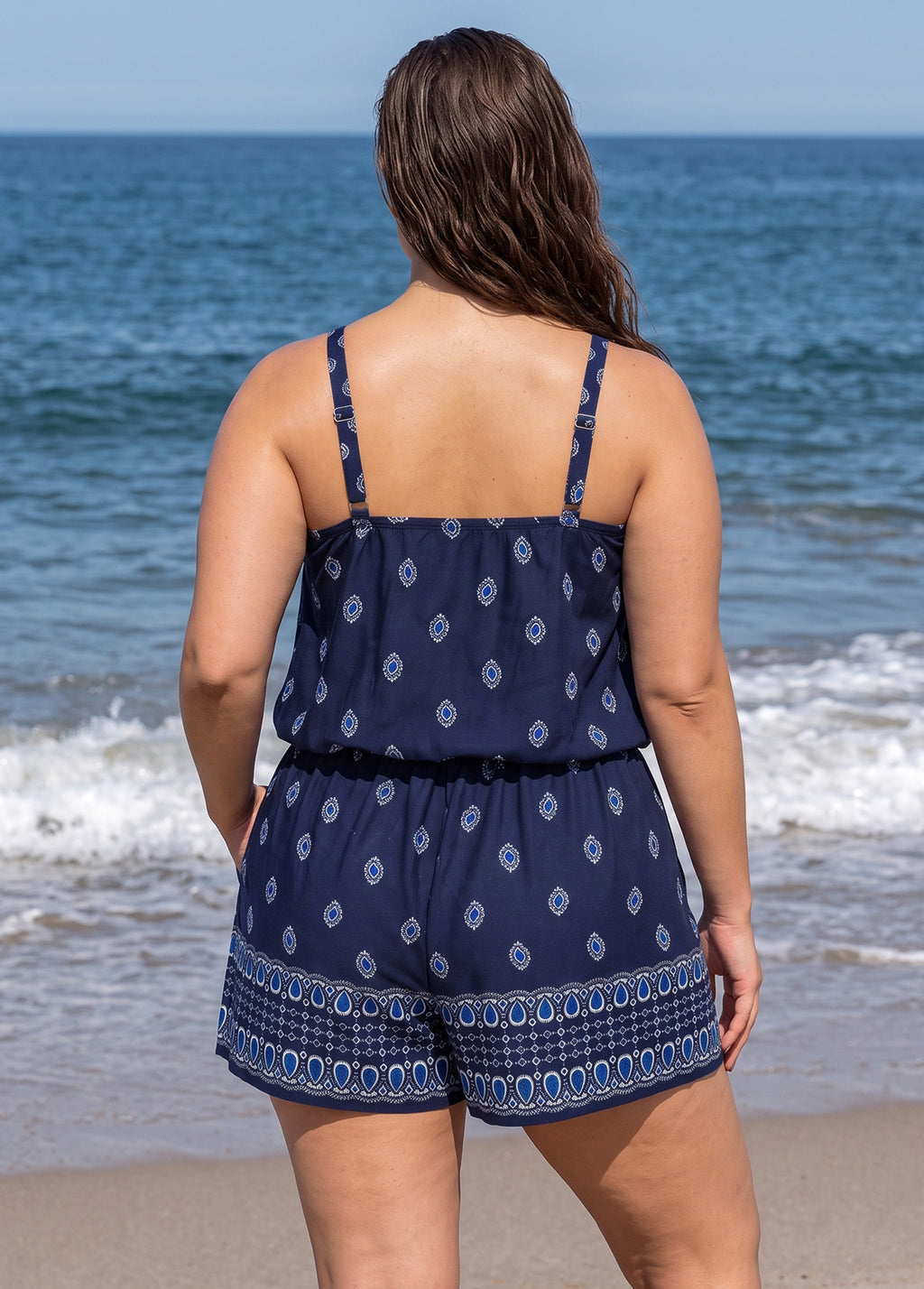 Plus Size Navy Paisley Print High Neck Keyhole Cutout Vintage Pocket One Piece Swim Romper