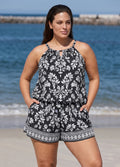 Curvy Black Floral High Neck Keyhole Cutout Modest Pocket Women's One Piece Swim Romper