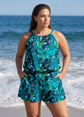 Plus Size Green Leaf Print High Neck Keyhole Cutout Modest Pocket One Piece Swim Romper