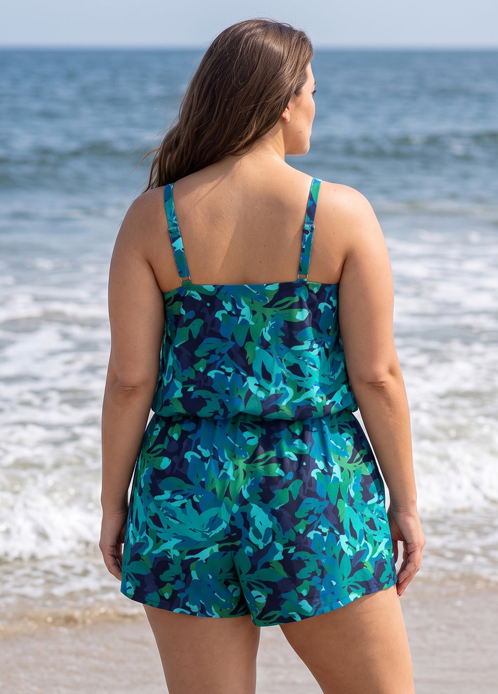 Plus Size Green Leaf Print High Neck Keyhole Cutout Modest Pocket One Piece Swim Romper