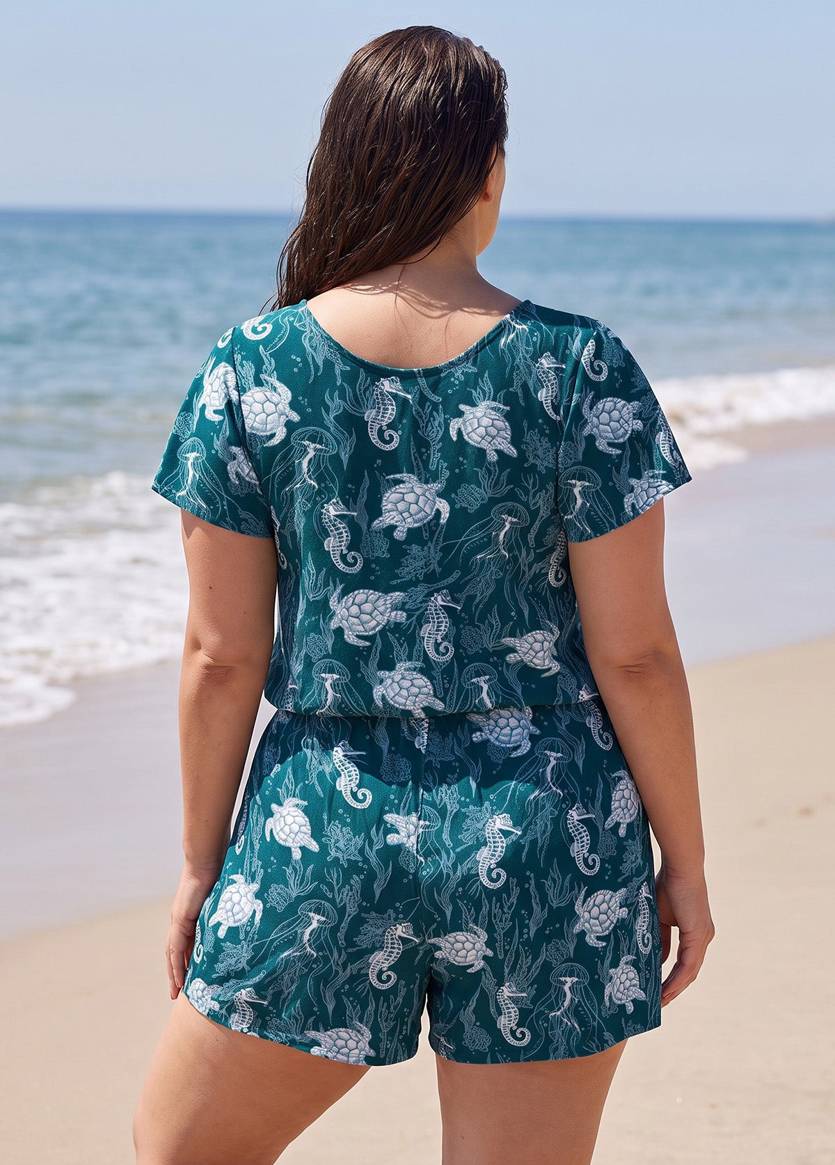 Green Print UPF50+ Short Sleeves Pocket Plus Size Swimsuit One Piece Swim Romper