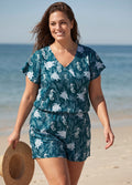 Green Print UPF50+ Short Sleeves Pocket Plus Size Swimsuit One Piece Swim Romper