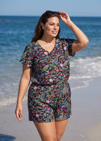 Black Floral UPF50+ Short Sleeves Pocket Curvy Swimsuit One Piece Swim Romper