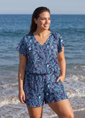 Plus Size Navy Floral UPF50+ Short Sleeves Pocket Swimsuit One Piece Swim Romper