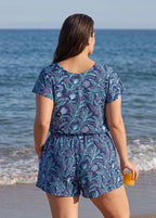 Plus Size Navy Floral UPF50+ Short Sleeves Pocket Swimsuit One Piece Swim Romper