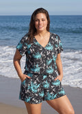 Curvy Black Leaf UPF50+ Short Sleeves Pocket Swimsuit One Piece Swim Romper