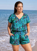 Green Leaf UPF50+ Short Sleeves Pocket Plus Size Swimsuit One Piece Swim Romper