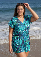 Green Leaf UPF50+ Short Sleeves Pocket Plus Size Swimsuit One Piece Swim Romper