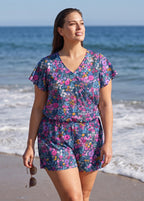 Purple Print UPF50+ Short Sleeves Pocket Curvy Swimsuit One Piece Swim Romper
