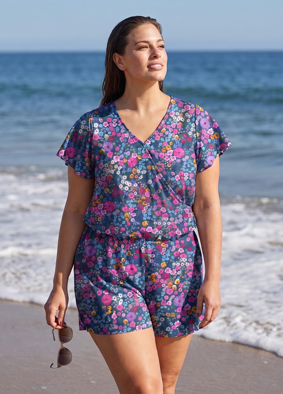 Purple Print UPF50+ Short Sleeves Pocket Curvy Swimsuit One Piece Swim Romper