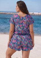 Purple Print UPF50+ Short Sleeves Pocket Curvy Swimsuit One Piece Swim Romper