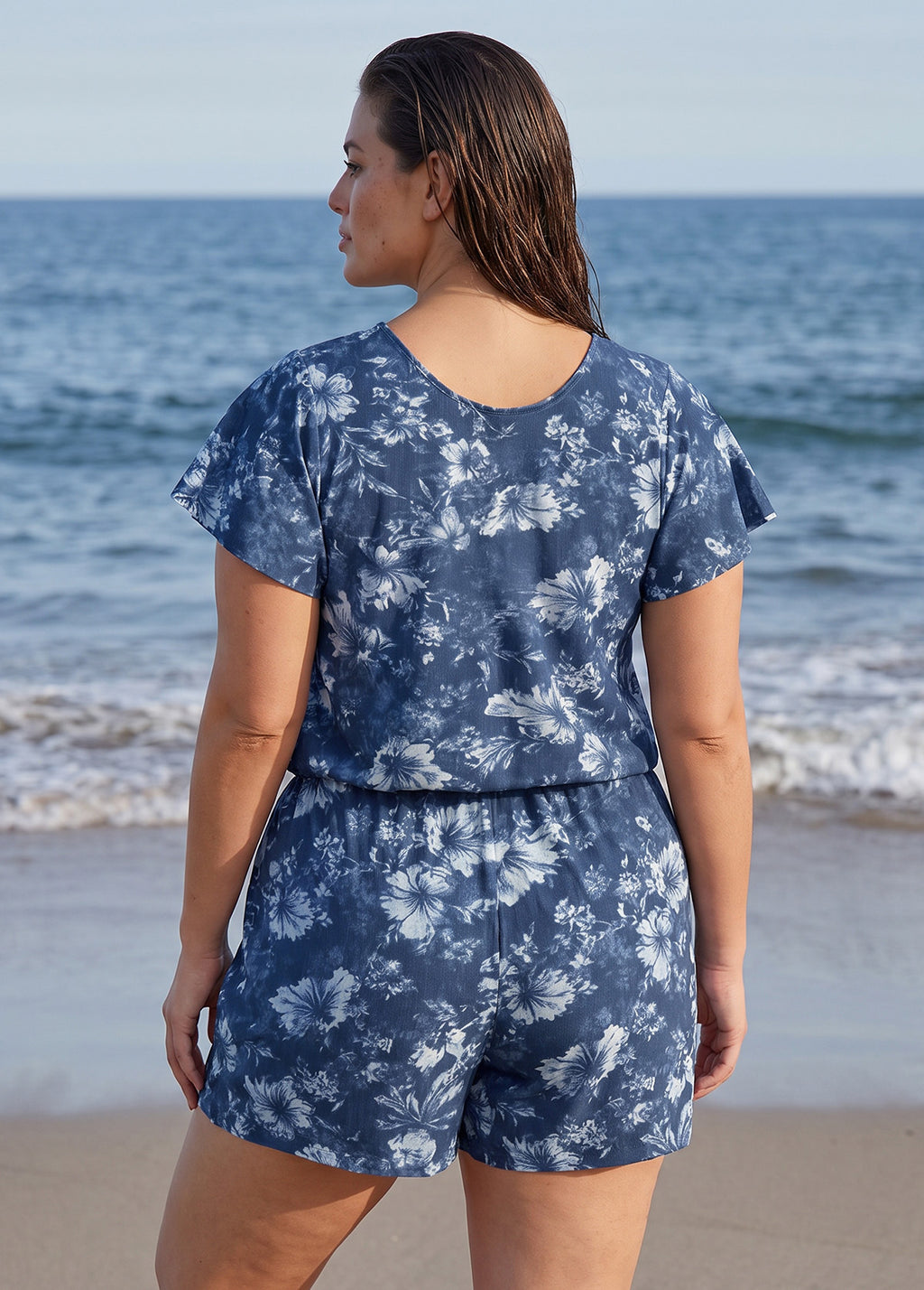 Navy Floral UPF50+ Short Sleeves Vintage Pocket Curvy Swimsuit One Piece Swim Romper