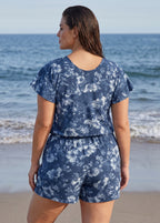Navy Floral UPF50+ Short Sleeves Vintage Pocket Curvy Swimsuit One Piece Swim Romper
